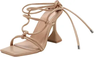 Coutgo Women's Lace Up Heels Gladiator Square Open Toe Dressy Stilettos Strappy Comfortable Summer Party Shoes