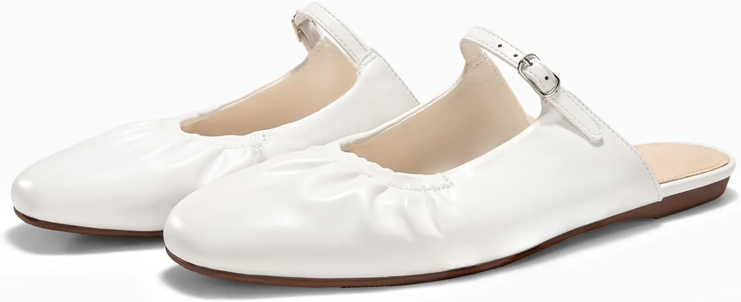 Coutgo Womens Mules Mary Jane Flats Closed Toe Pleated Slip on Shoes Dressy Casual Slides