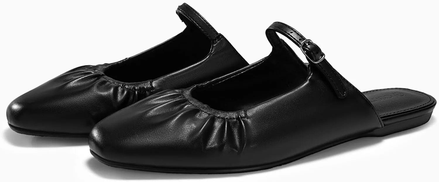 Coutgo Womens Mules Mary Jane Flats Closed Toe Pleated Slip on Shoes Dressy Casual Slides