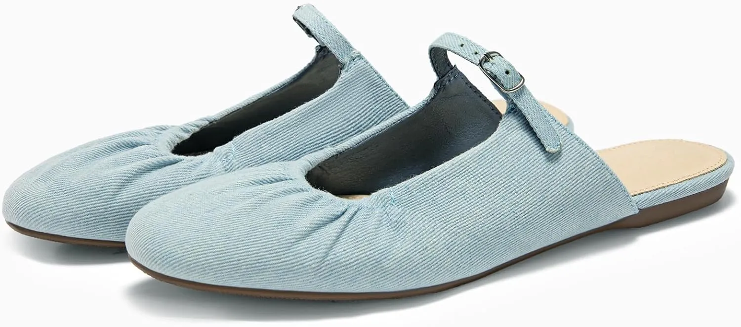 Coutgo Womens Mules Mary Jane Flats Closed Toe Pleated Slip on Shoes Dressy Casual Slides