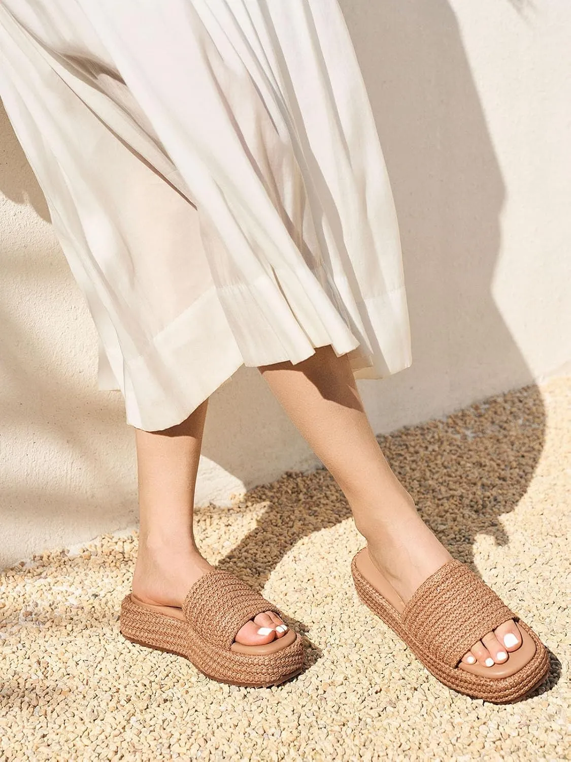 Coutgo Womens Platform Sandals Raffia Espadrilles Slip on Open Toe Cute Boho Summer Beach Slide Sandals