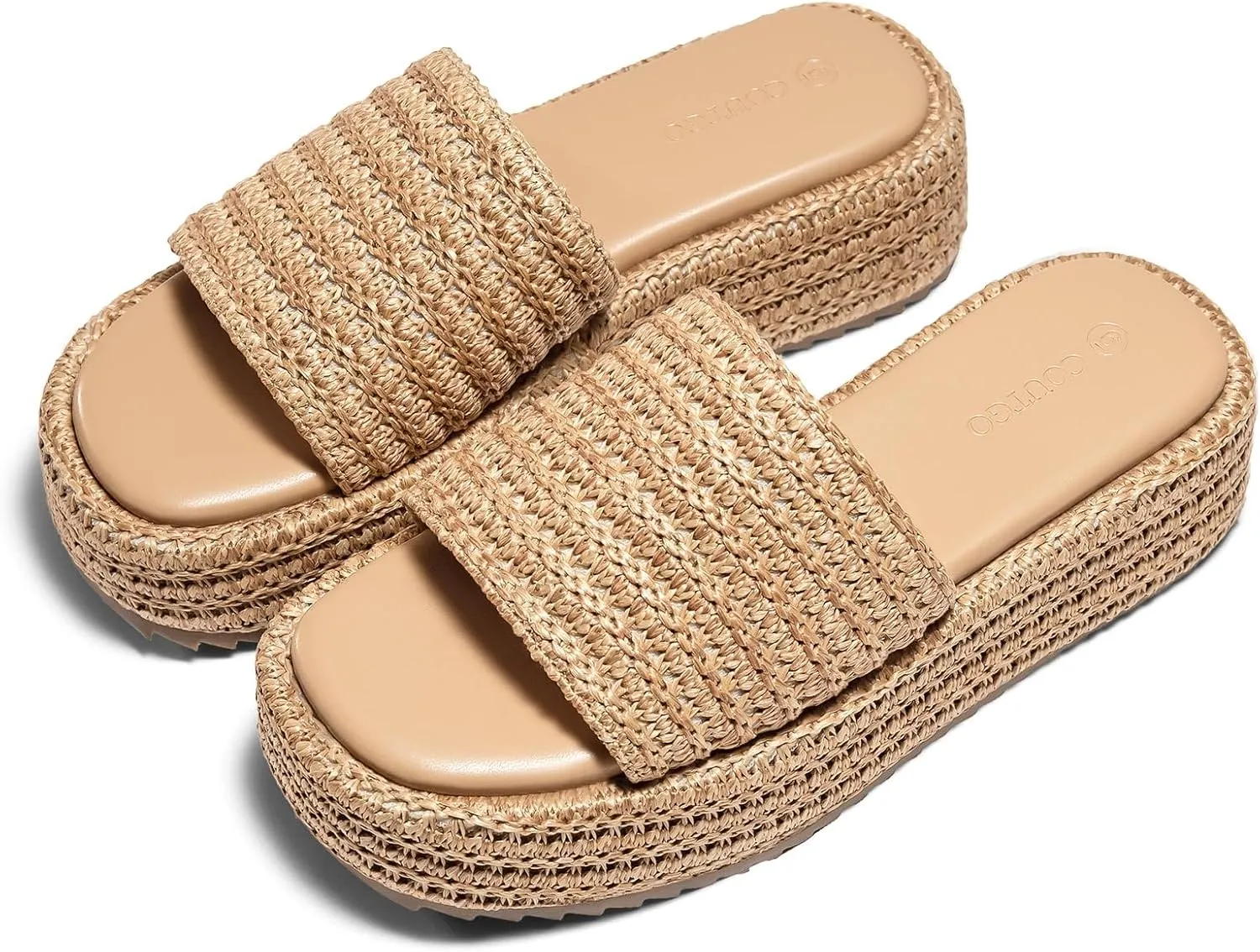 Coutgo Womens Platform Sandals Raffia Espadrilles Slip on Open Toe Cute Boho Summer Beach Slide Sandals