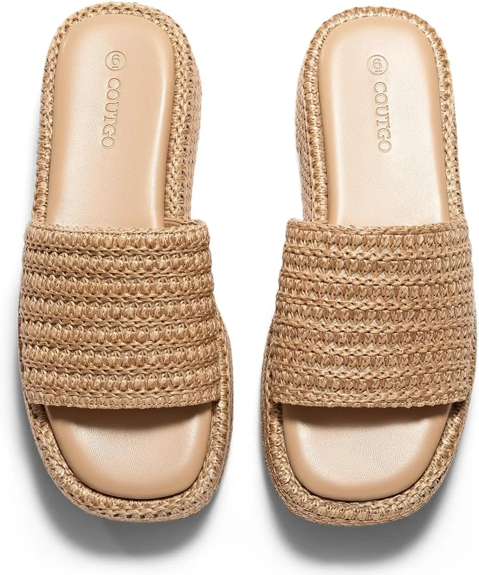 Coutgo Womens Platform Sandals Raffia Espadrilles Slip on Open Toe Cute Boho Summer Beach Slide Sandals