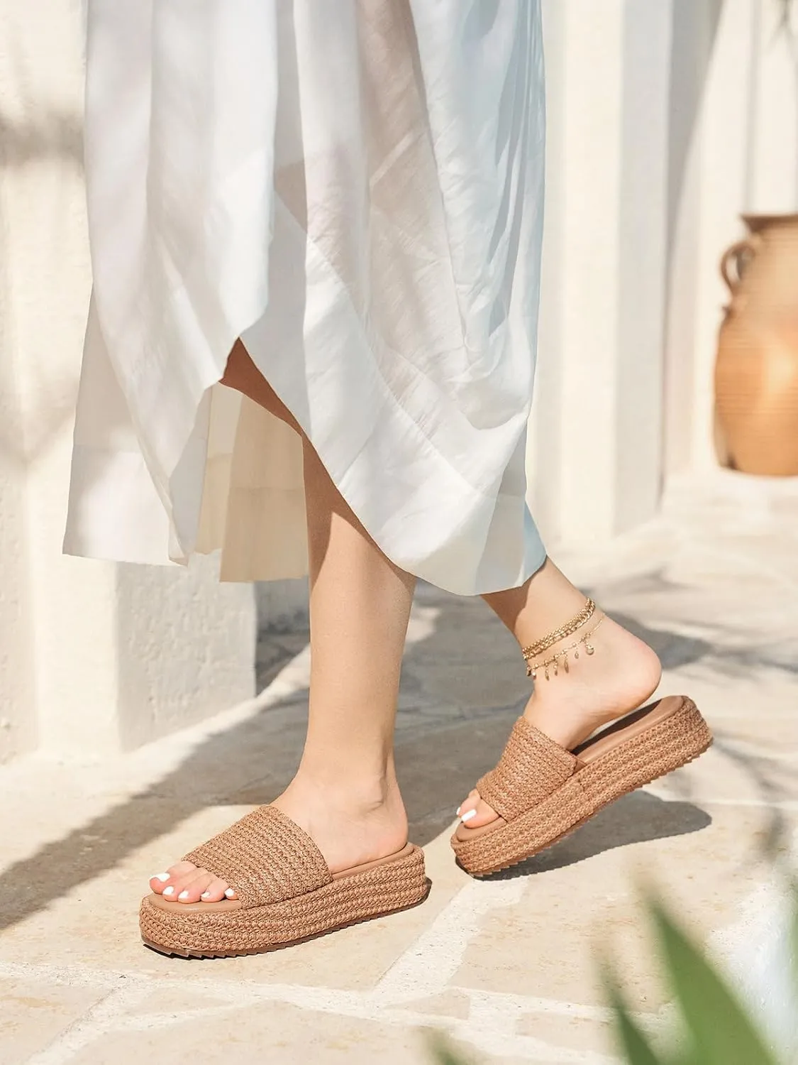 Coutgo Womens Platform Sandals Raffia Espadrilles Slip on Open Toe Cute Boho Summer Beach Slide Sandals