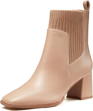 Coutgo Women's Slip On Ankle Boots Chunky Block Heel Square Toe Splicing Dress Sock Booties