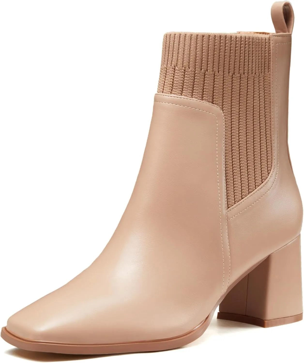 Coutgo Women's Slip On Ankle Boots Chunky Block Heel Square Toe Splicing Dress Sock Booties
