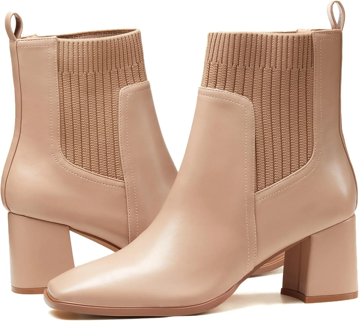 Coutgo Women's Slip On Ankle Boots Chunky Block Heel Square Toe Splicing Dress Sock Booties