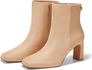 Coutgo Women's Square Toe Ankle Boots Chunky Block Heel Side Zipper Booties Faux Suede Winter Shoes