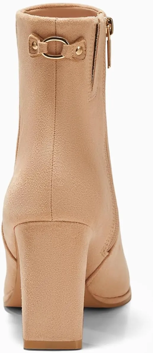 Coutgo Women's Square Toe Ankle Boots Chunky Block Heel Side Zipper Booties Faux Suede Winter Shoes