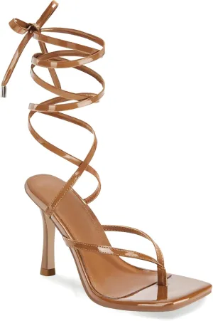 Coutgo Womens Strappy Thong Heels Sandals Sexy Lace up Wrap Ankle Strap Square Toe High Heeled Dress Summer Party Shoes