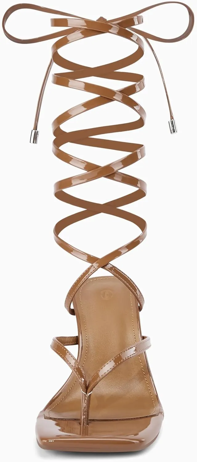 Coutgo Womens Strappy Thong Heels Sandals Sexy Lace up Wrap Ankle Strap Square Toe High Heeled Dress Summer Party Shoes