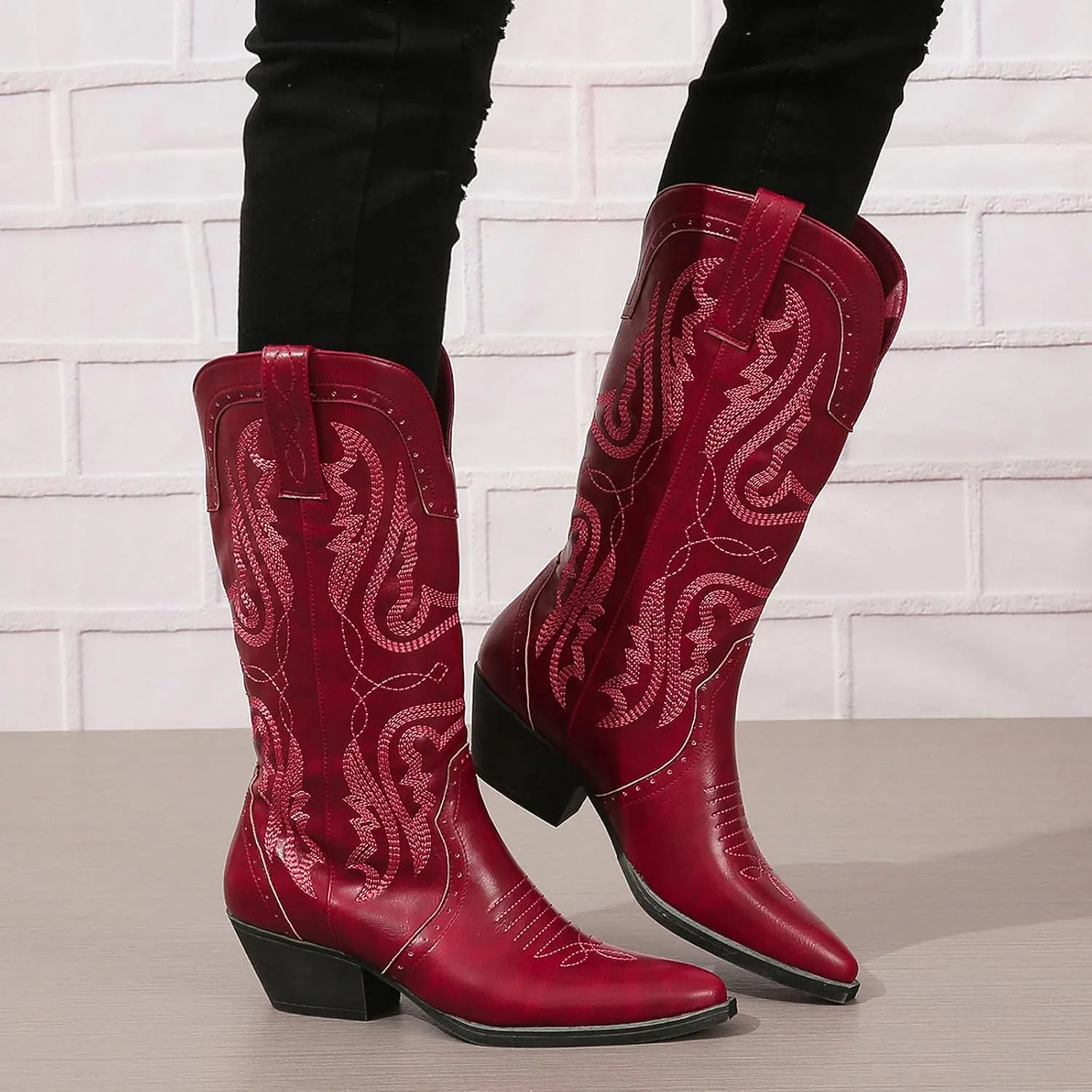 Cowboy Boots for Women Cowgirl Mid Calf Western Boots Embroidered Stitched Pointed Toe Chunky Block Heel Brown Red Black US5-11