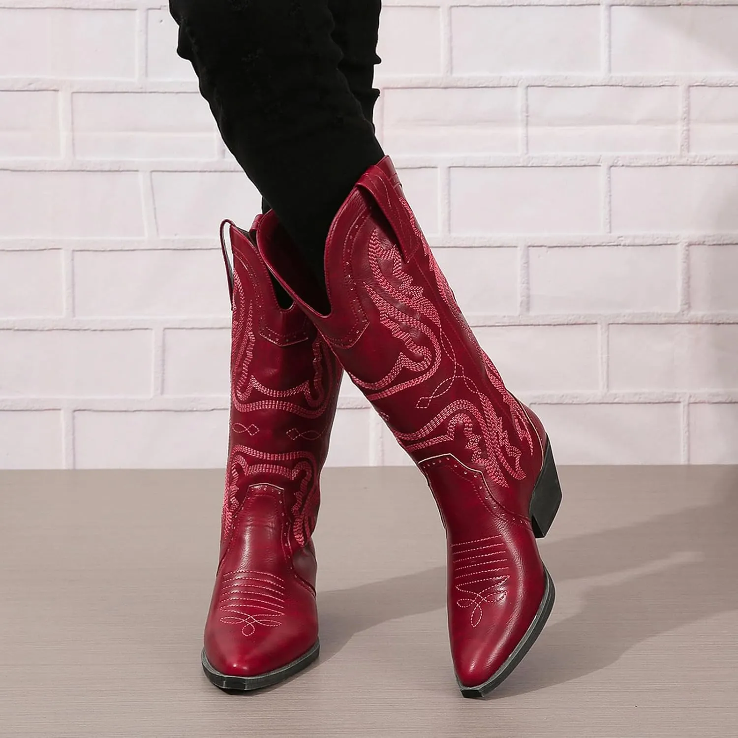 Cowboy Boots for Women Cowgirl Mid Calf Western Boots Embroidered Stitched Pointed Toe Chunky Block Heel Brown Red Black US5-11