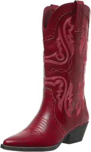 Cowboy Boots for Women Cowgirl Mid Calf Western Boots Embroidered Stitched Pointed Toe Chunky Block Heel Brown Red Black US5-11