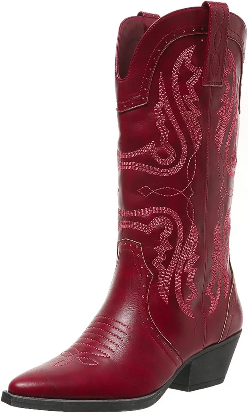 Cowboy Boots for Women Cowgirl Mid Calf Western Boots Embroidered Stitched Pointed Toe Chunky Block Heel Brown Red Black US5-11