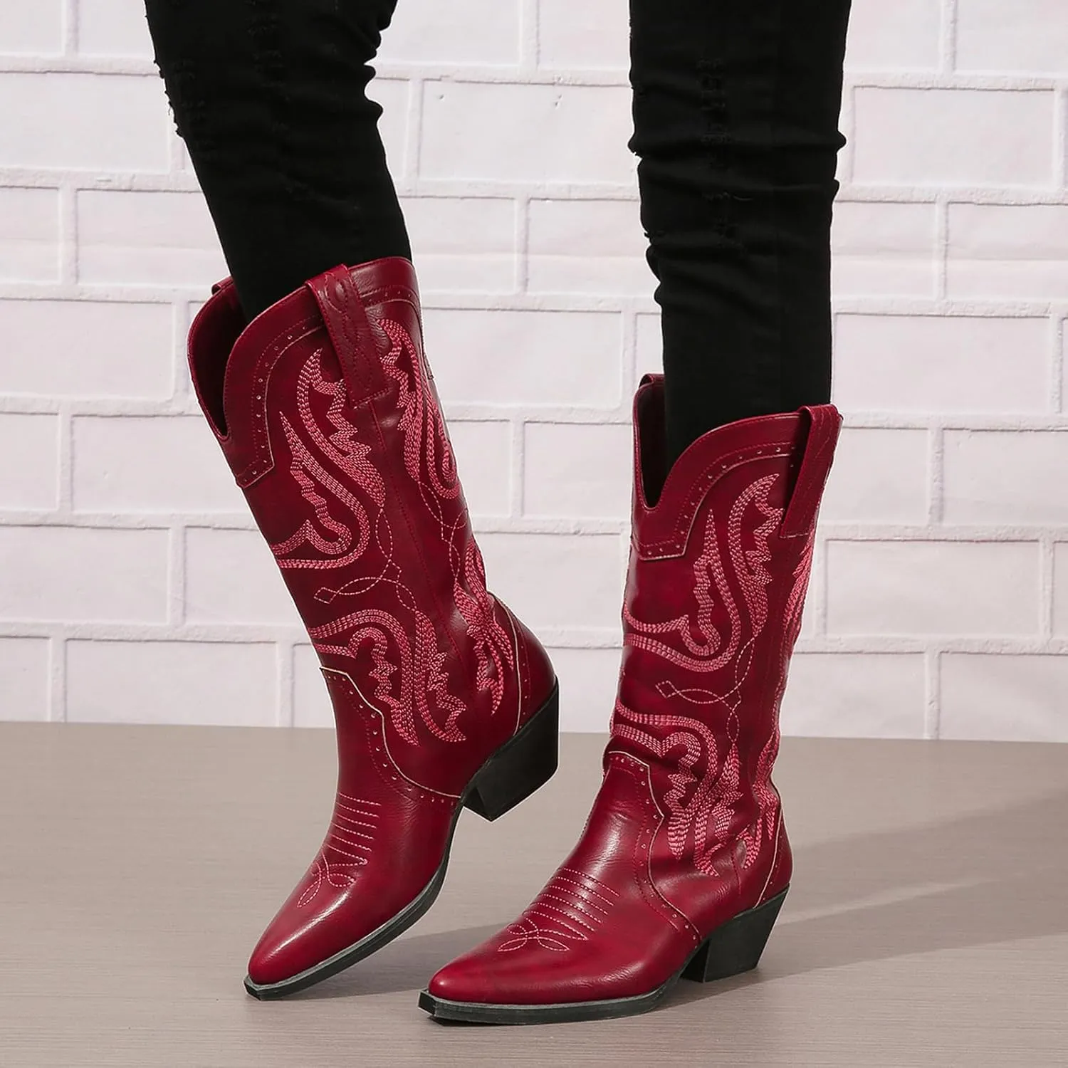 Cowboy Boots for Women Cowgirl Mid Calf Western Boots Embroidered Stitched Pointed Toe Chunky Block Heel Brown Red Black US5-11