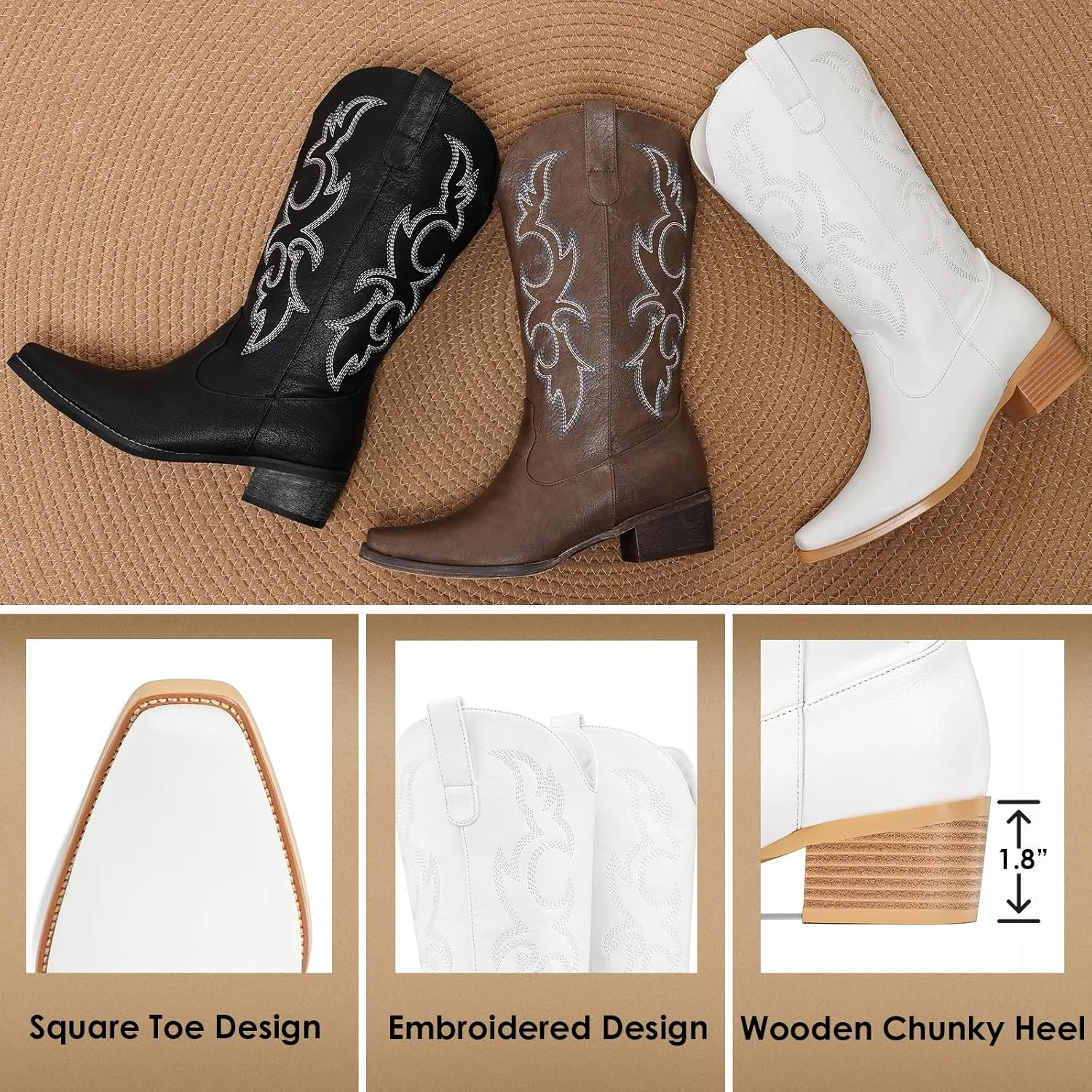 Cowboy Boots for Women - Embroidered Cowgirl Boots Western Mid Calf Fashion Chunky Heel Pointed Toe Country Boot