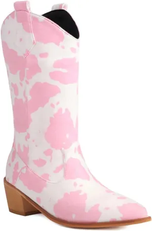 Cowboy Boots for Women Mid Calf Cowgirl Western Boots Cow Print Pointed Toe Chunky Heel Shoes US4-11