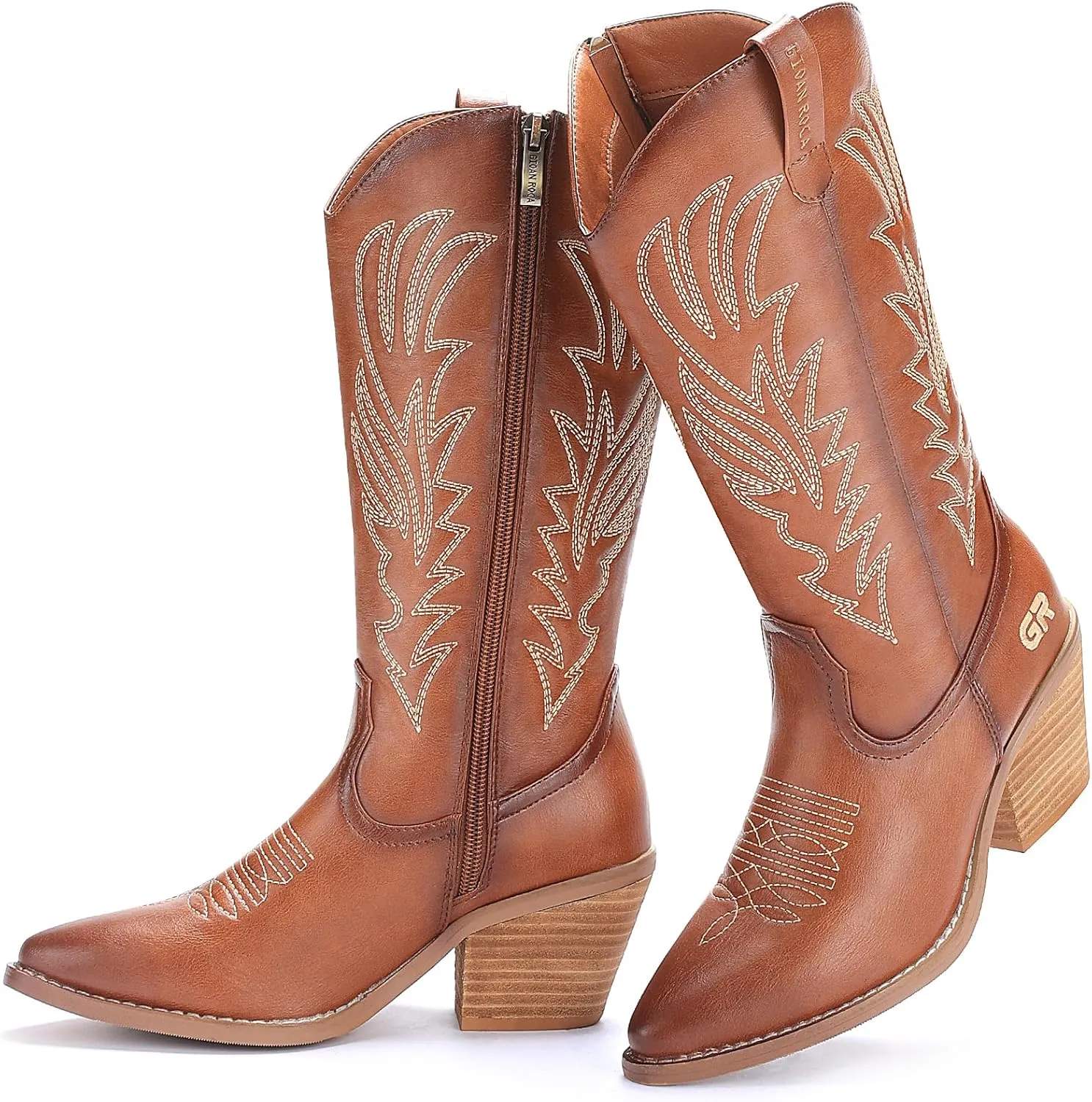 Cowgirl Boot for Women's, Western Retro Classic Mid-Calf Boot Embroidered Pointed Toe Chunky Heel for Ladies Festival Boots