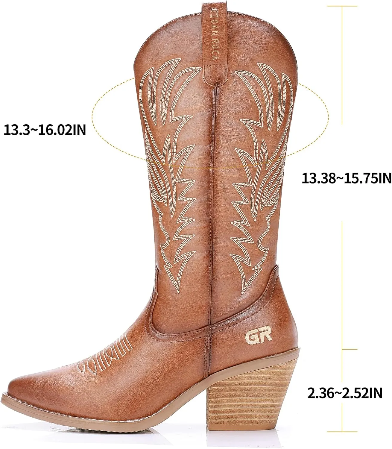 Cowgirl Boot for Women's, Western Retro Classic Mid-Calf Boot Embroidered Pointed Toe Chunky Heel for Ladies Festival Boots