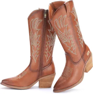 Cowgirl Boot for Women's, Western Retro Classic Mid-Calf Boot Embroidered Pointed Toe Chunky Heel for Ladies Festival Boots