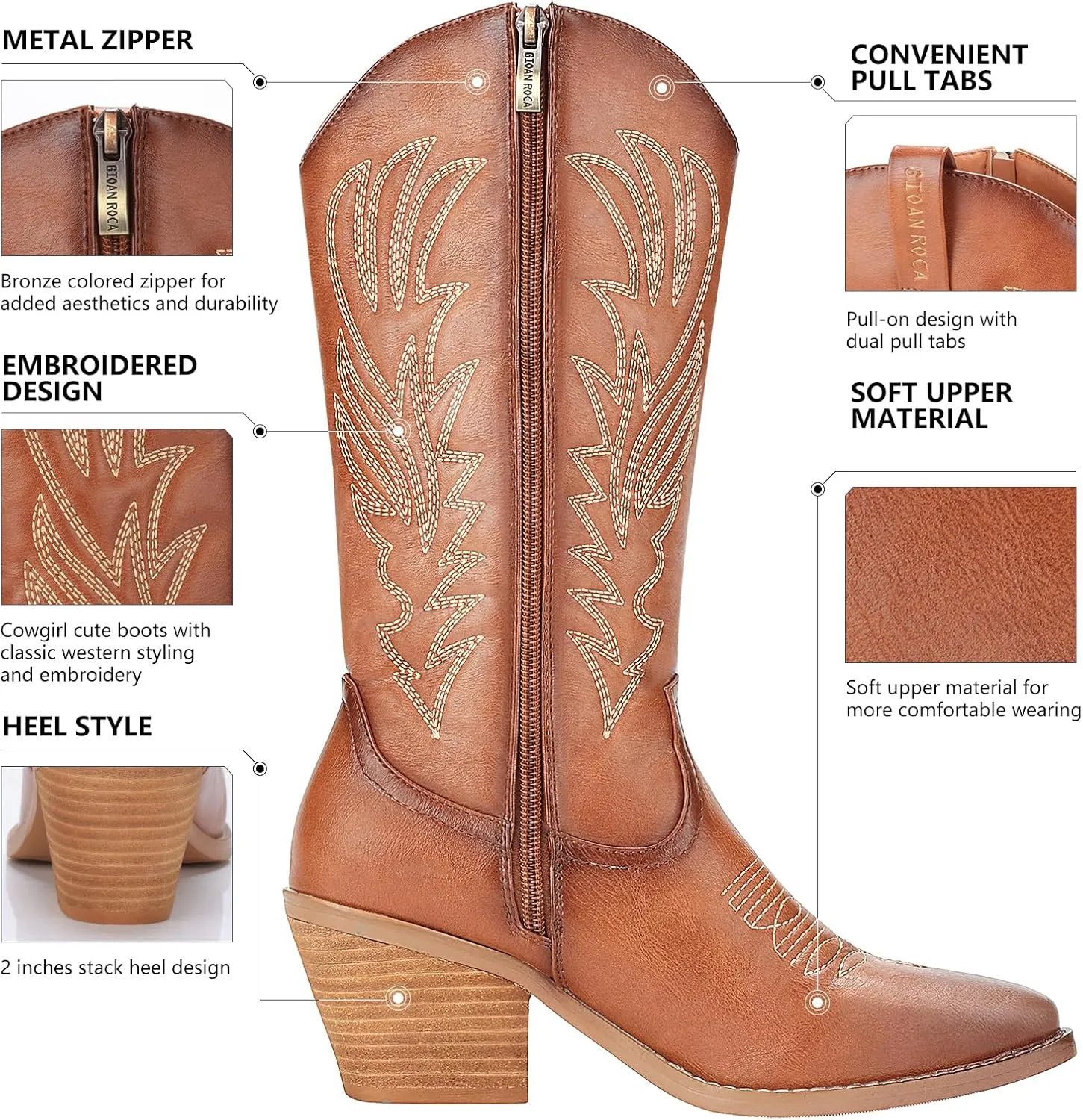 Cowgirl Boot for Women's, Western Retro Classic Mid-Calf Boot Embroidered Pointed Toe Chunky Heel for Ladies Festival Boots