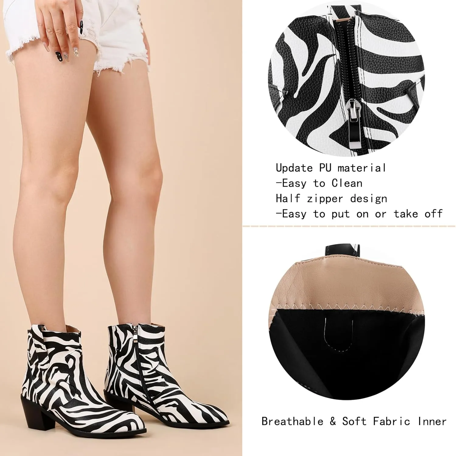 Cozivwaiy Women Cow Print Ankle Boots Chunky Heel Short Boots Animal Print Cowboy Boots Plus size (US 6-13)