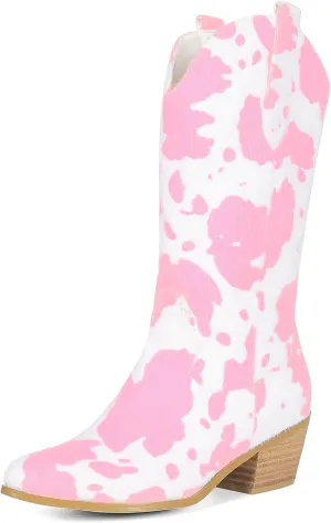 Cozivwaiy Women Mid Calf Cowboy Boots Chunky Heel Half Boots Cow Print Western Boots Plus size (US 4-12.5)