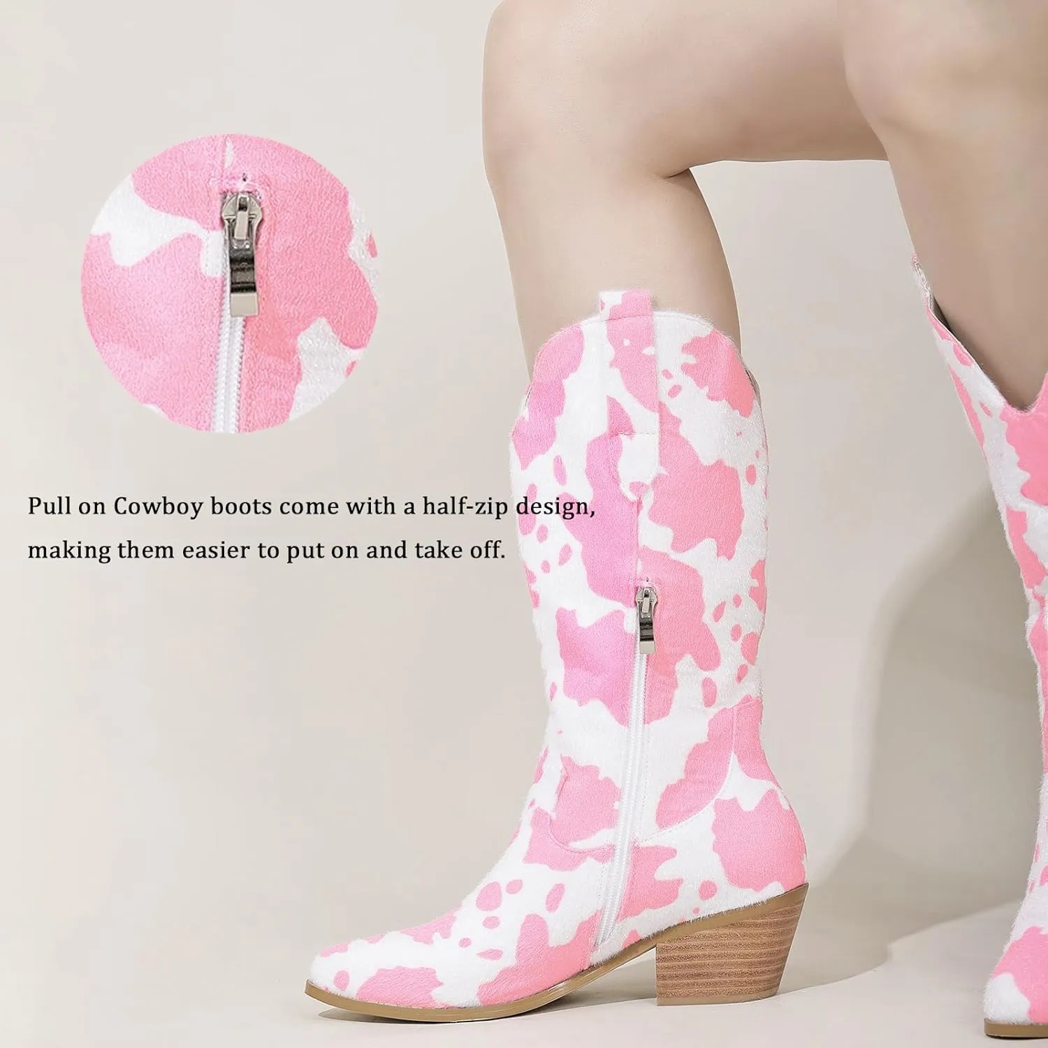 Cozivwaiy Women Mid Calf Cowboy Boots Chunky Heel Half Boots Cow Print Western Boots Plus size (US 4-12.5)