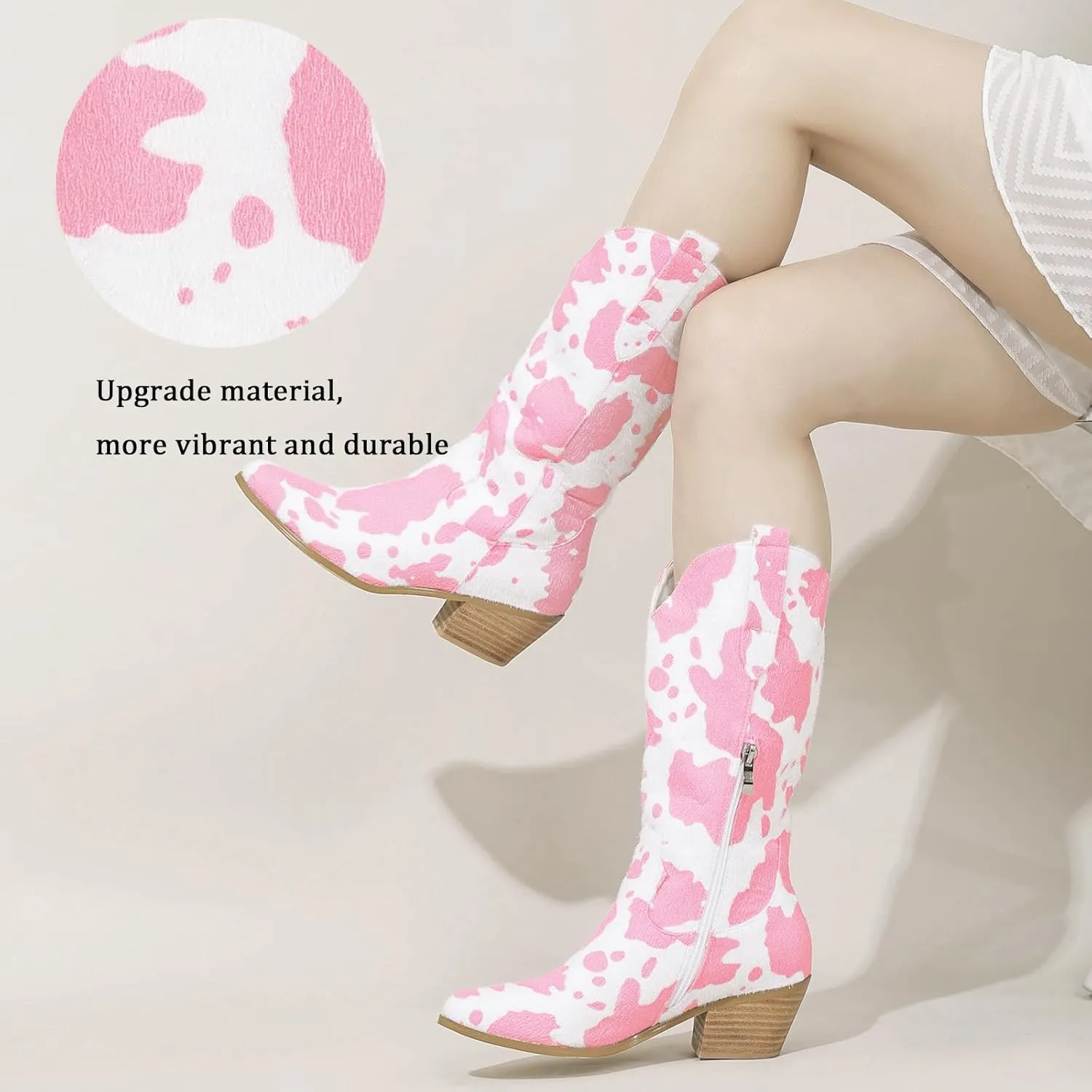Cozivwaiy Women Mid Calf Cowboy Boots Chunky Heel Half Boots Cow Print Western Boots Plus size (US 4-12.5)