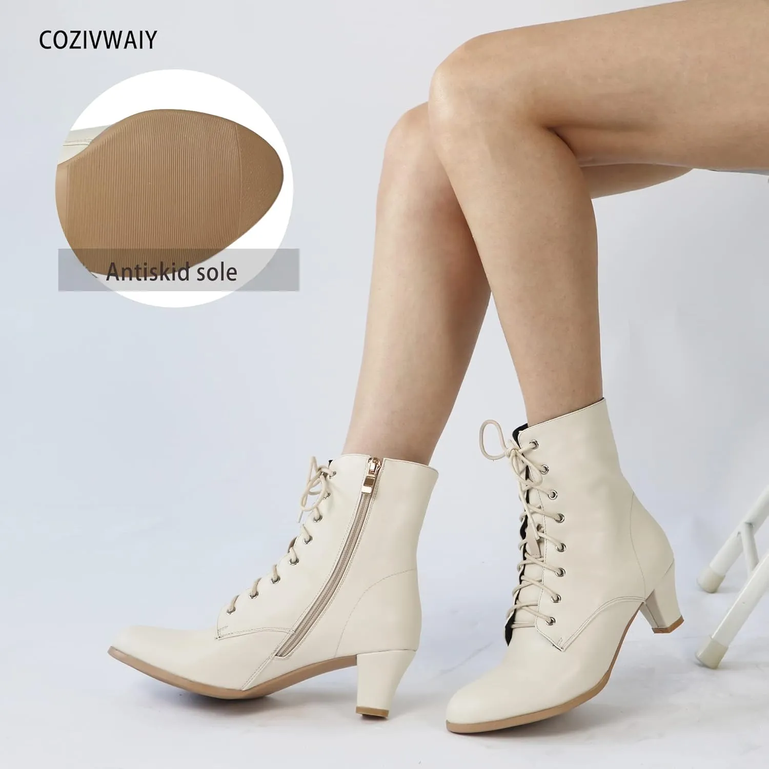 Cozivwaiy Women Vintage Victorian Boots 70s Lace up Ankle Boots Mid Heel Witch Granny Booties Costume Shoes Cone Heel Zipper Almond Toe