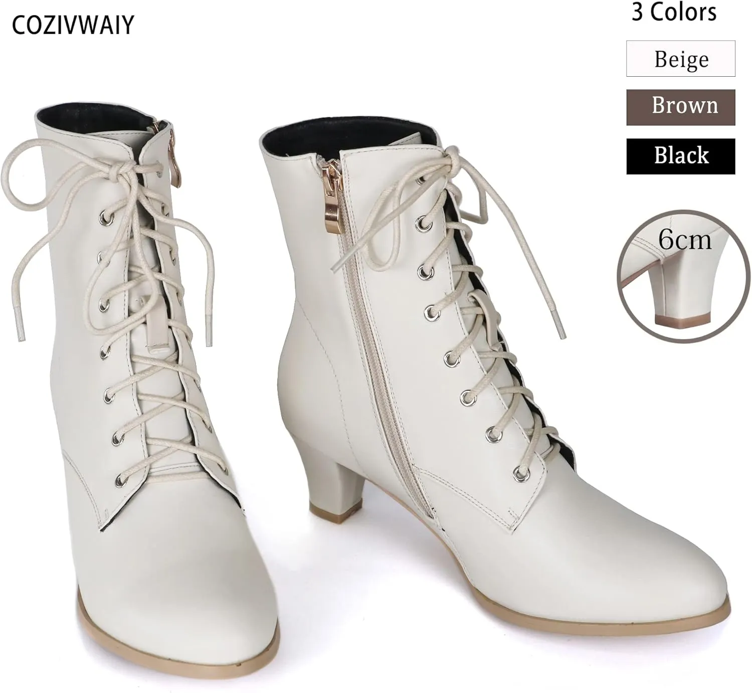 Cozivwaiy Women Vintage Victorian Boots 70s Lace up Ankle Boots Mid Heel Witch Granny Booties Costume Shoes Cone Heel Zipper Almond Toe