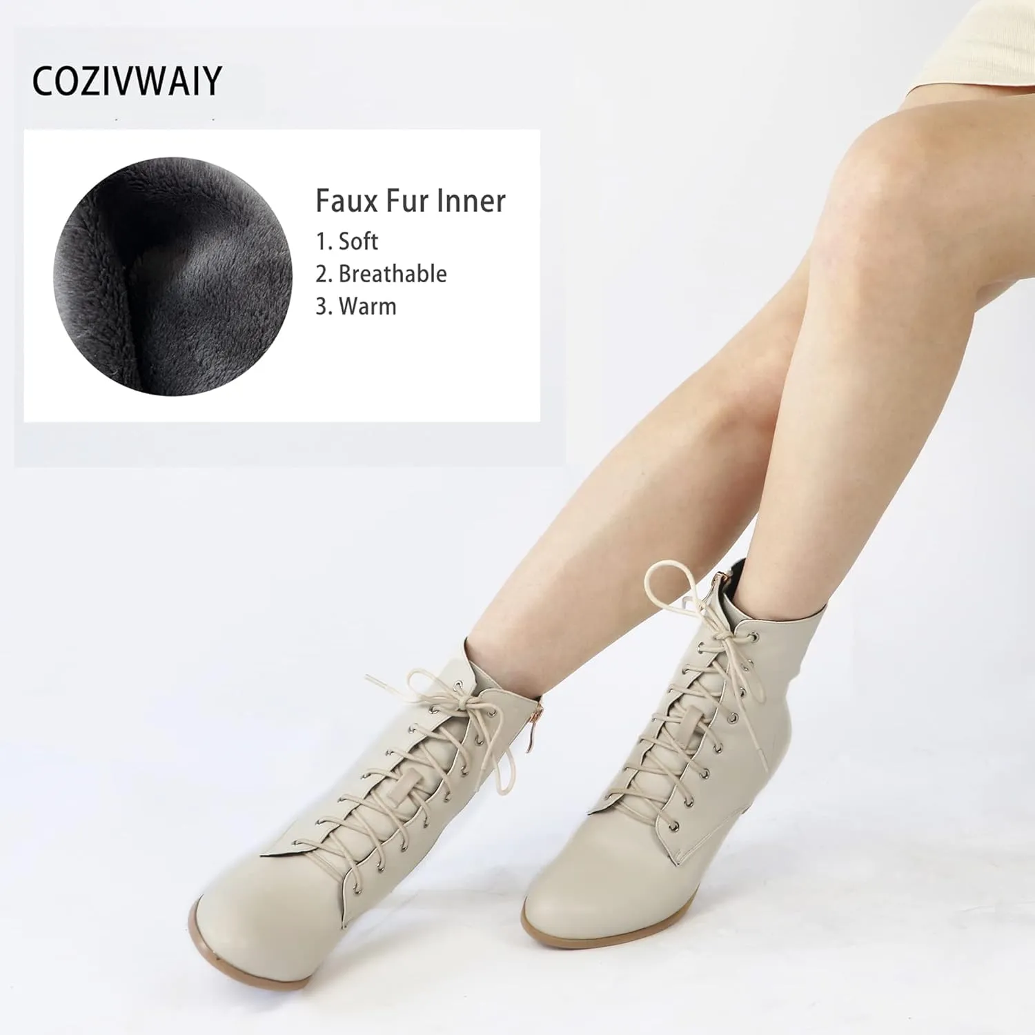 Cozivwaiy Women Vintage Victorian Boots 70s Lace up Ankle Boots Mid Heel Witch Granny Booties Costume Shoes Cone Heel Zipper Almond Toe