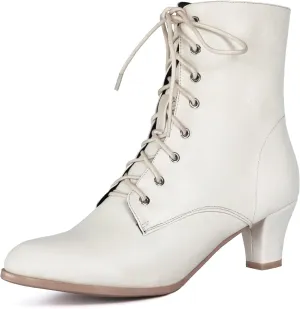 Cozivwaiy Women Vintage Victorian Boots 70s Lace up Ankle Boots Mid Heel Witch Granny Booties Costume Shoes Cone Heel Zipper Almond Toe