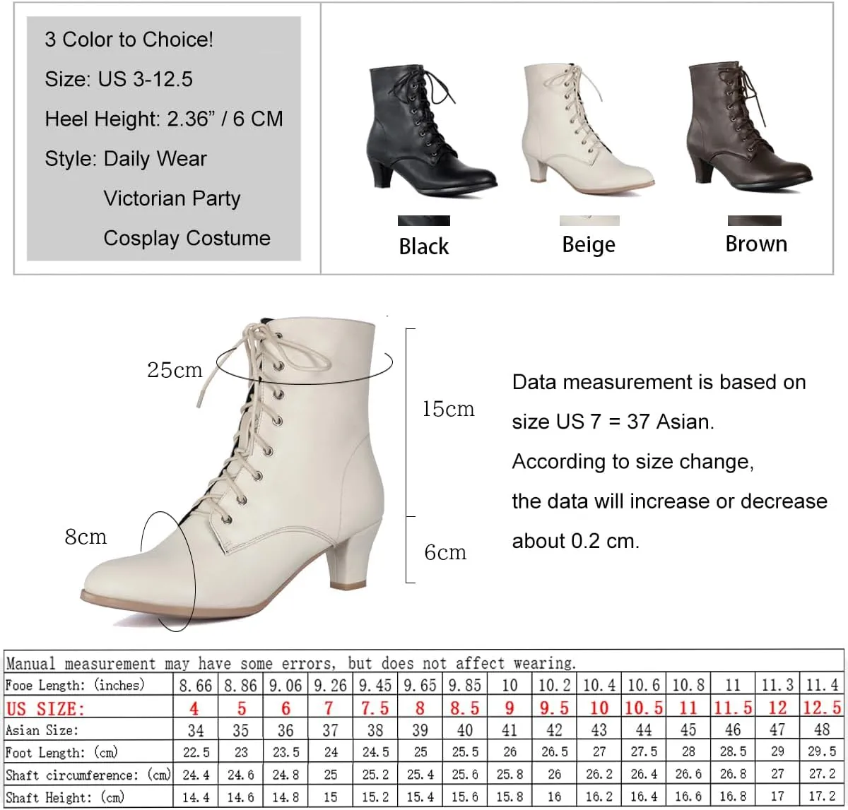 Cozivwaiy Women Vintage Victorian Boots 70s Lace up Ankle Boots Mid Heel Witch Granny Booties Costume Shoes Cone Heel Zipper Almond Toe