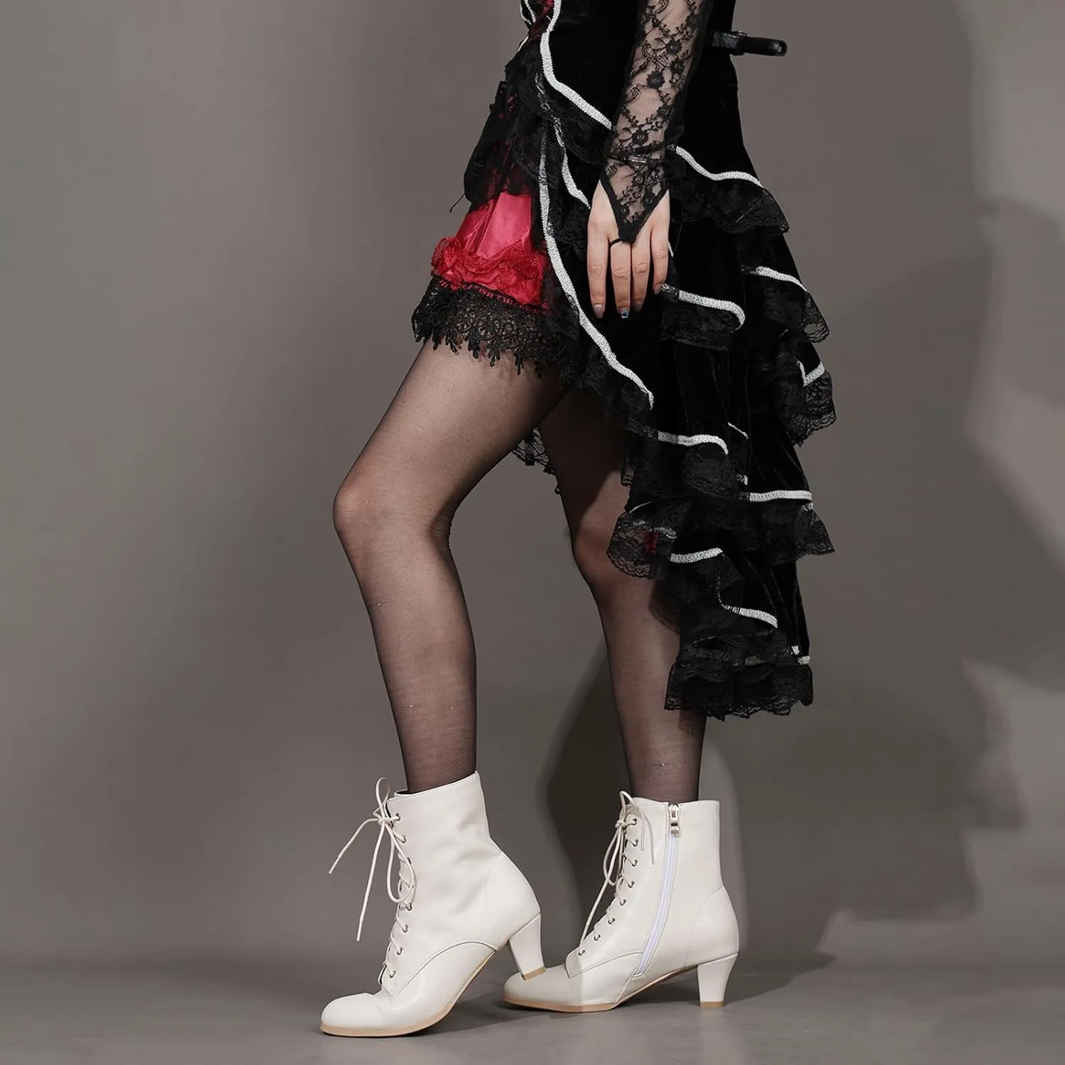 Cozivwaiy Women Vintage Victorian Boots 70s Lace up Ankle Boots Mid Heel Witch Granny Booties Costume Shoes Cone Heel Zipper Almond Toe