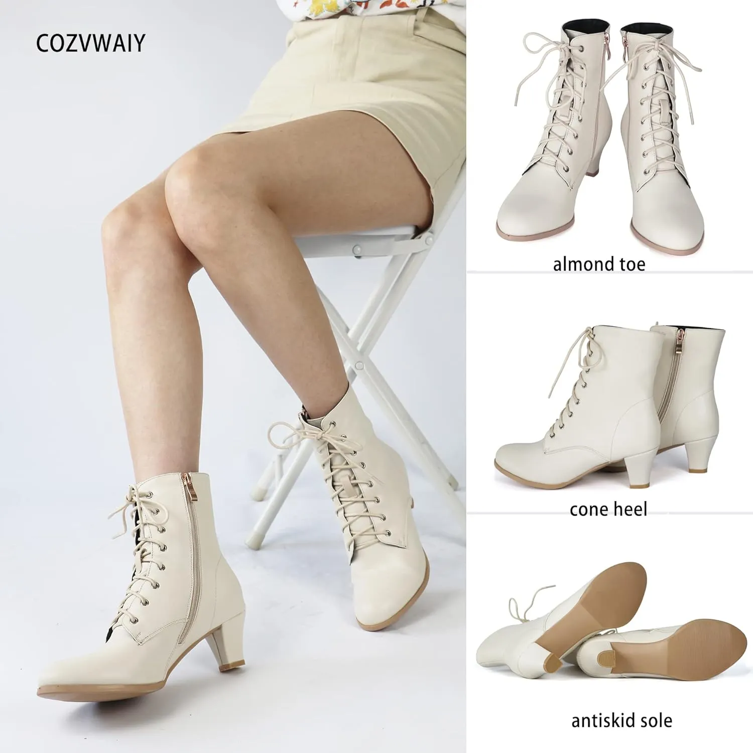 Cozivwaiy Women Vintage Victorian Boots 70s Lace up Ankle Boots Mid Heel Witch Granny Booties Costume Shoes Cone Heel Zipper Almond Toe