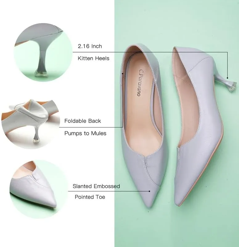 C.Paravano Pointy Kitten Heels Wedding Shoes Dressy Low Heel Work Casual Heels Flight Attendant Heels Mules Heels Women Pump for Office Wear