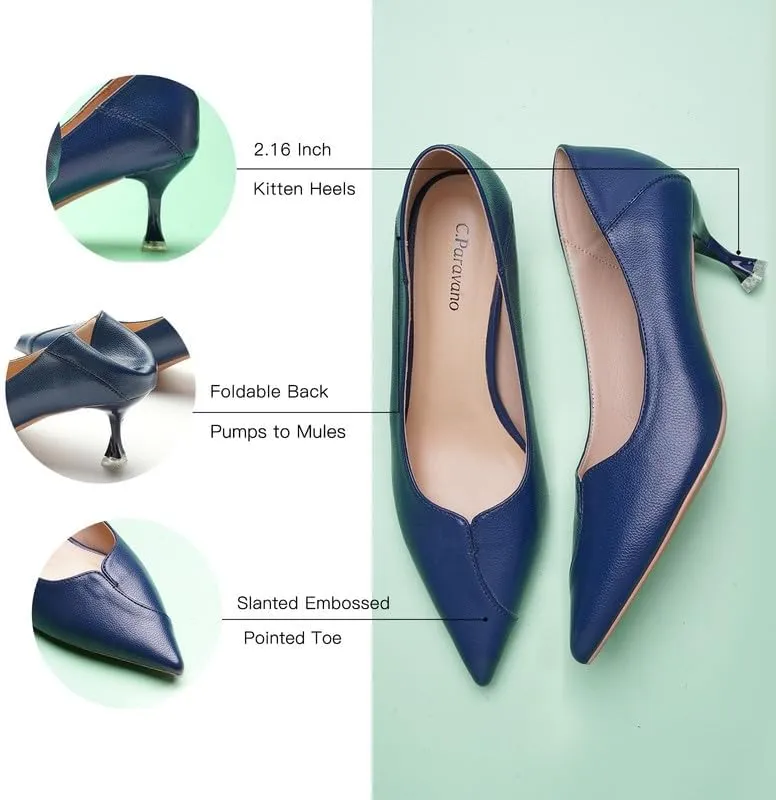 C.Paravano Pointy Kitten Heels Wedding Shoes Dressy Low Heel Work Casual Heels Flight Attendant Heels Mules Heels Women Pump for Office Wear
