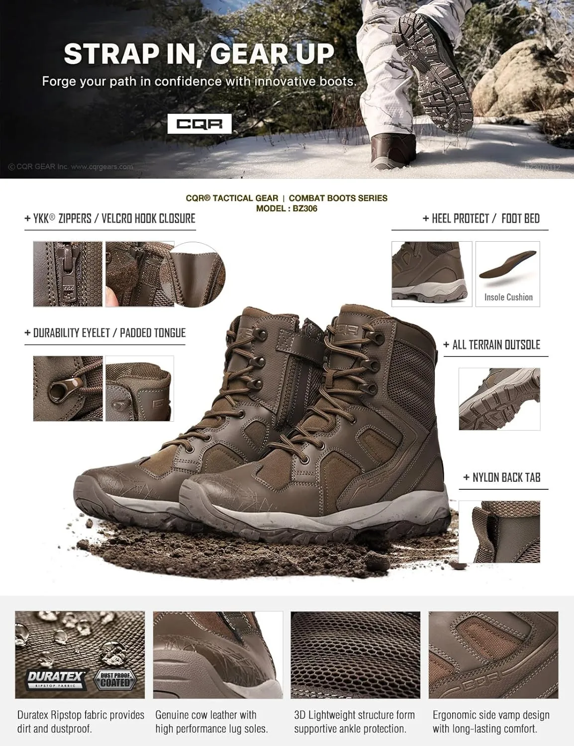 CQR Men's Military Tactical Boots, Lightweight 6 Inches Combat Boots, Durable EDC Outdoor Work Boots