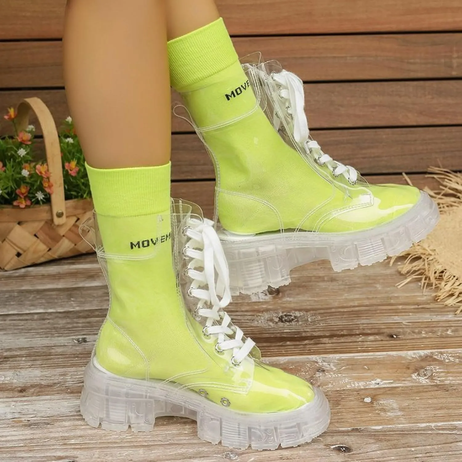 Crystal Bottom Fashion Large Fashion Boots Elevated Lace Up Transparent Matsutake Thick Bottom Jelly Short Boots Cool Boots Laces Boots for Women