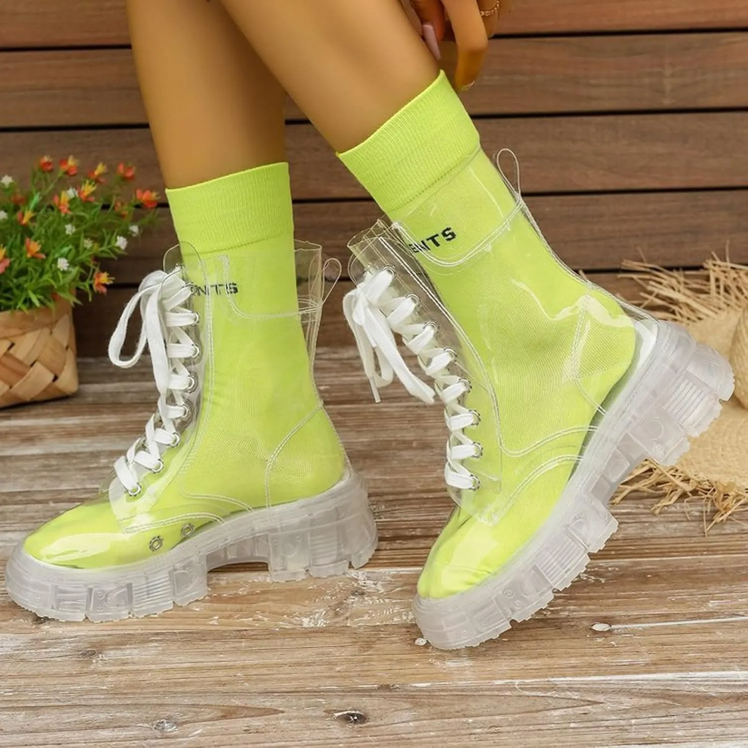 Crystal Bottom Fashion Large Fashion Boots Elevated Lace Up Transparent Matsutake Thick Bottom Jelly Short Boots Cool Boots Laces Boots for Women
