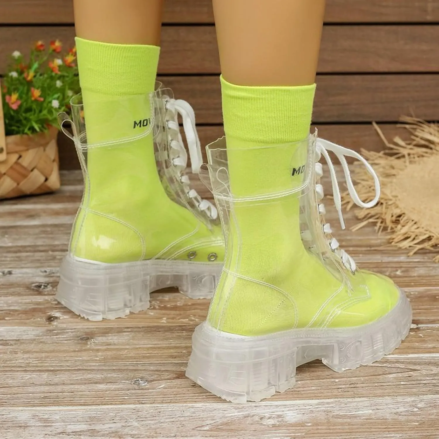Crystal Bottom Fashion Large Fashion Boots Elevated Lace Up Transparent Matsutake Thick Bottom Jelly Short Boots Cool Boots Laces Boots for Women