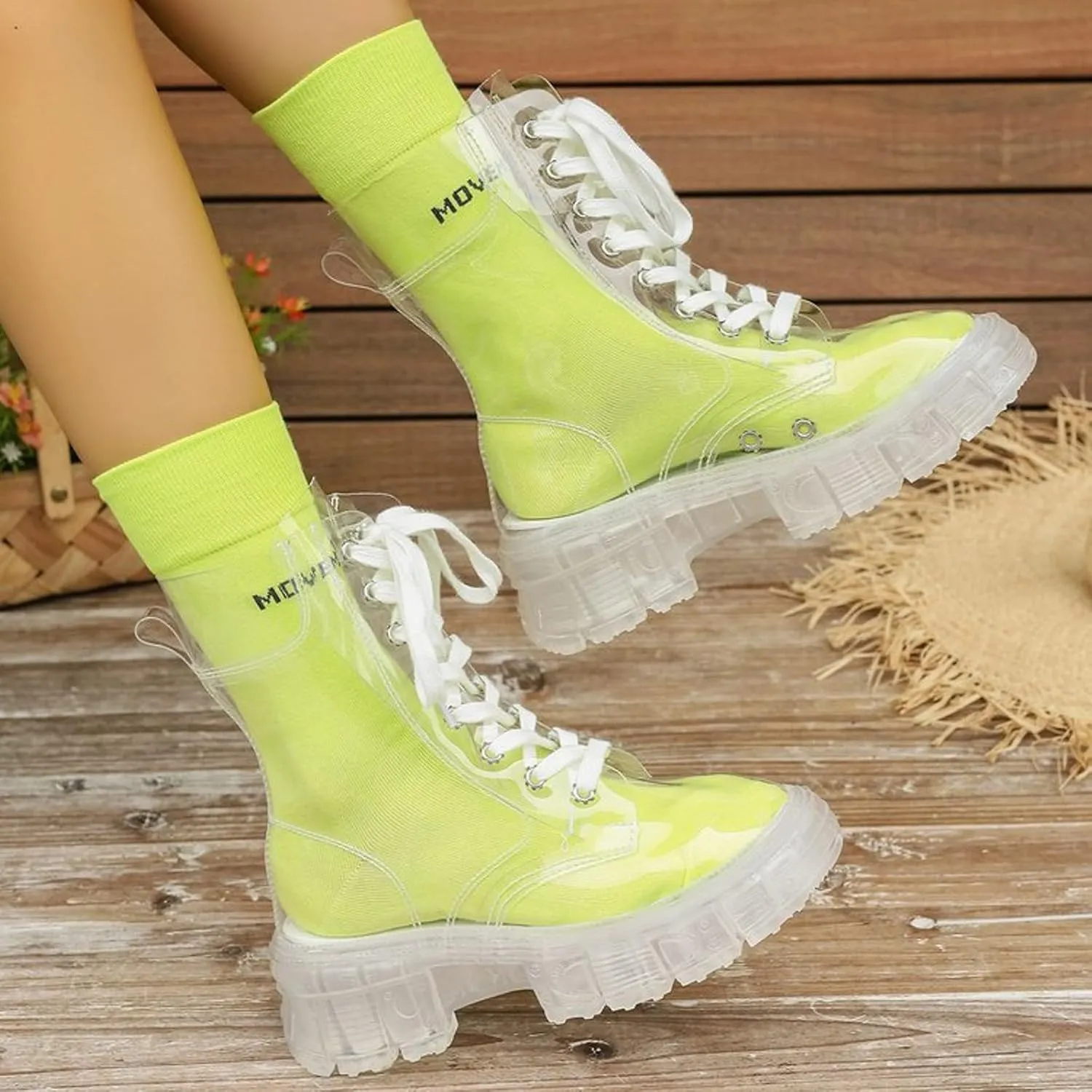 Crystal Bottom Fashion Large Fashion Boots Elevated Lace Up Transparent Matsutake Thick Bottom Jelly Short Boots Cool Boots Laces Boots for Women