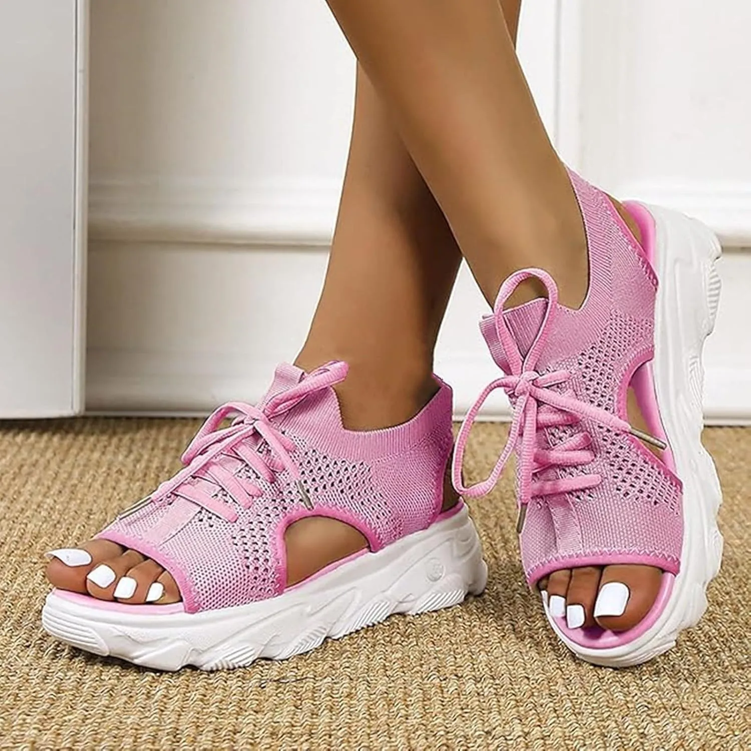 Cute Sandals for Women Summer Washable Slingback Orthopedic Slide Sport Sandals Causal Mesh Open Toe Platform Wedge Sandal with Arch Support Comfy Sports Knit Shoes