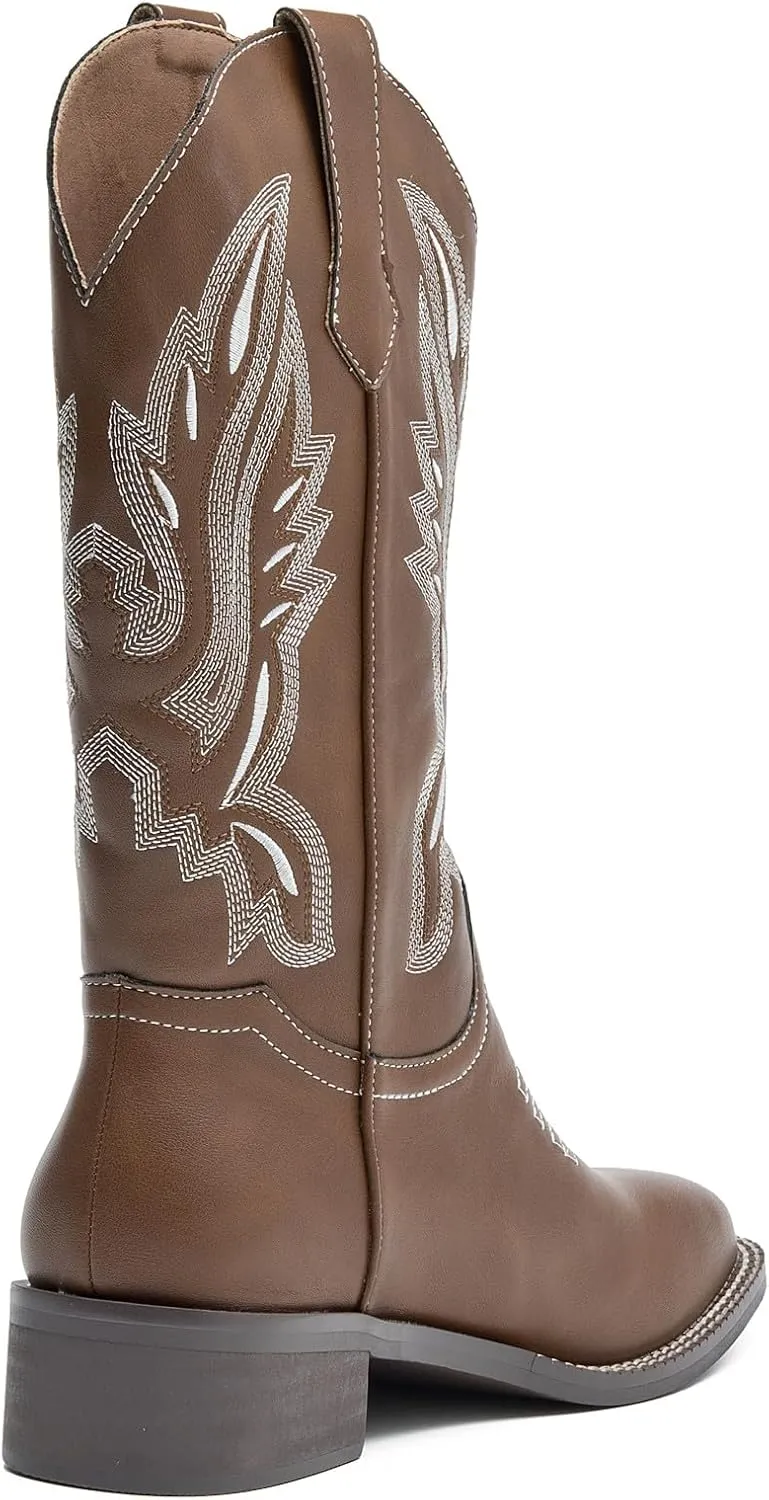 DADAWEN Women's Cowboy Boots Mid Calf Cowgirl Boots Embroidered Square Toe Pull On Western Boots