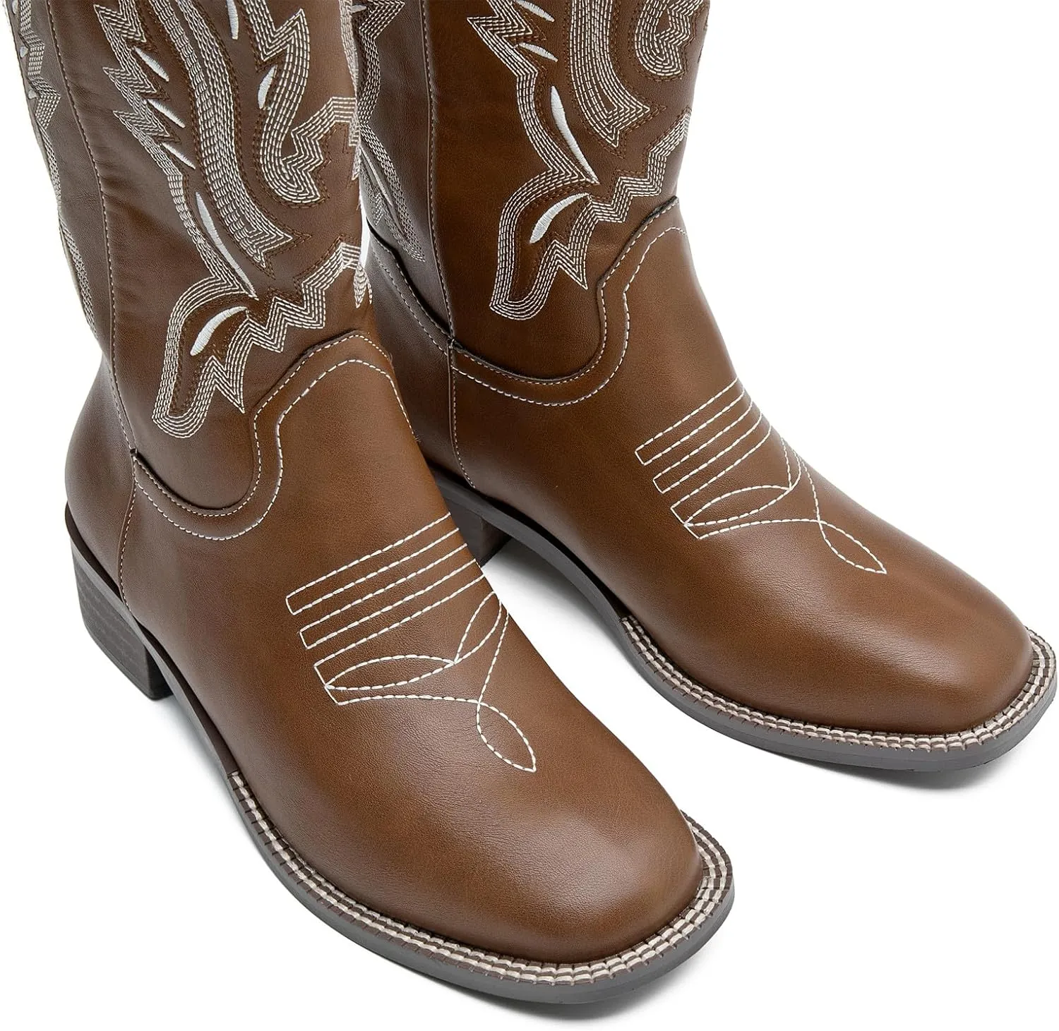 DADAWEN Women's Cowboy Boots Mid Calf Cowgirl Boots Embroidered Square Toe Pull On Western Boots