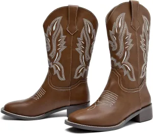 DADAWEN Women's Cowboy Boots Mid Calf Cowgirl Boots Embroidered Square Toe Pull On Western Boots