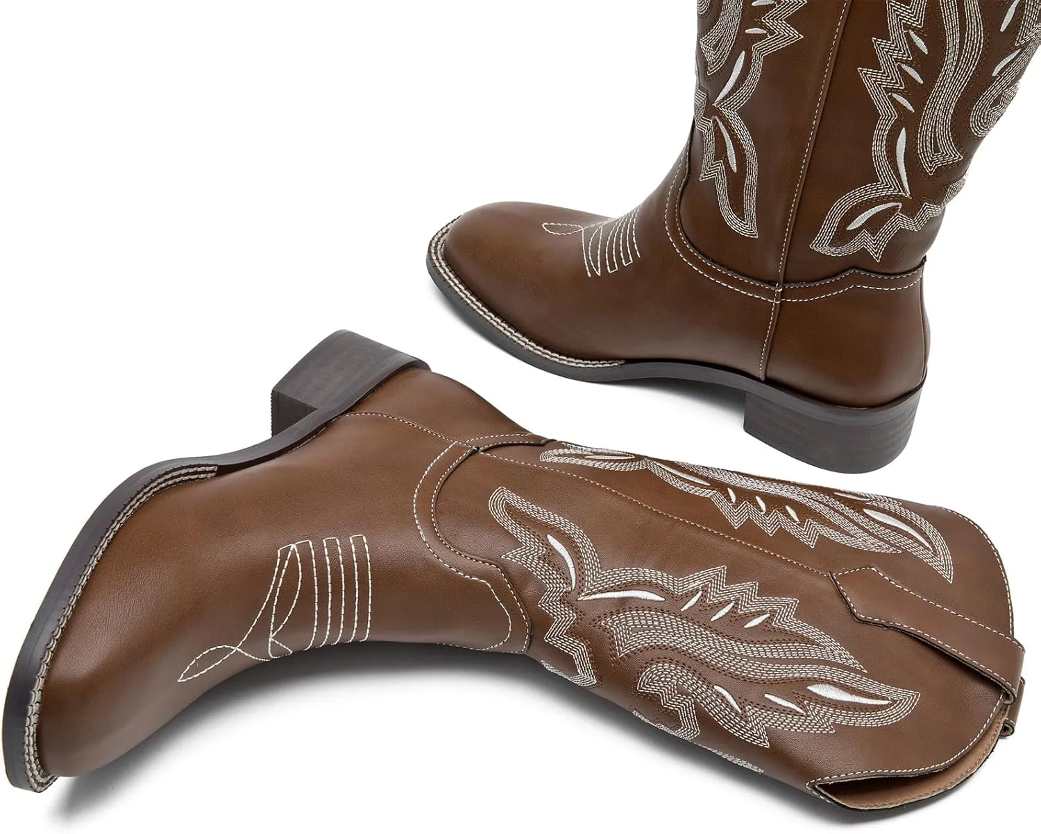 DADAWEN Women's Cowboy Boots Mid Calf Cowgirl Boots Embroidered Square Toe Pull On Western Boots