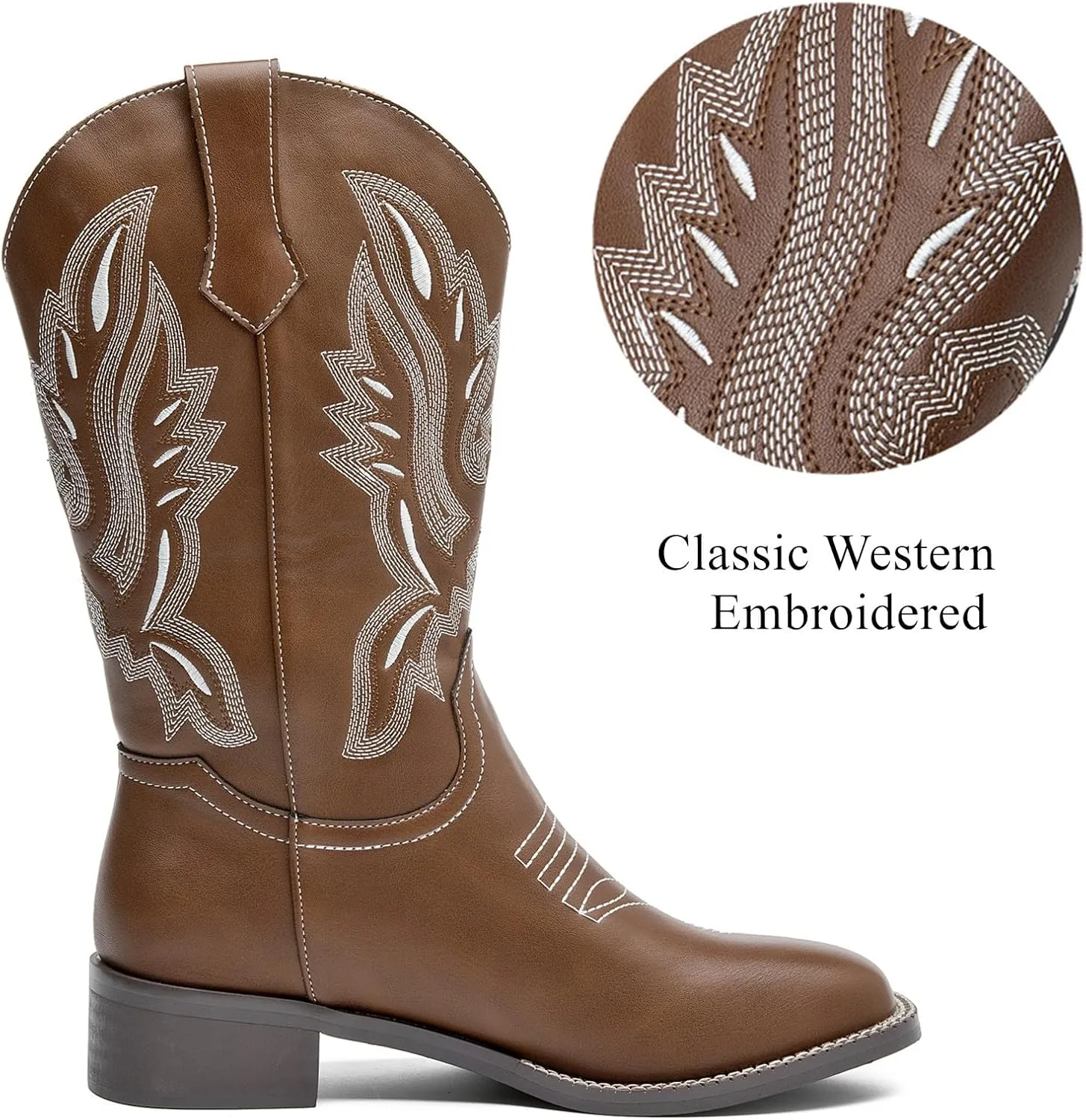 DADAWEN Women's Cowboy Boots Mid Calf Cowgirl Boots Embroidered Square Toe Pull On Western Boots